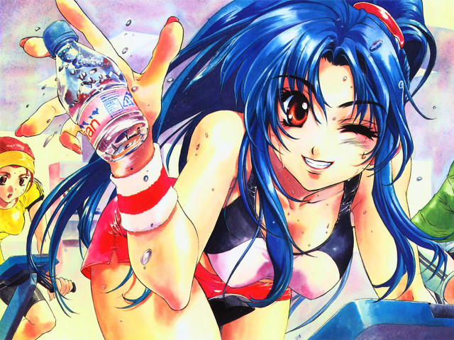 Bluehair bikinibottle girl retroartstyle manga1990s free wallpaper for desktop - medium preview image