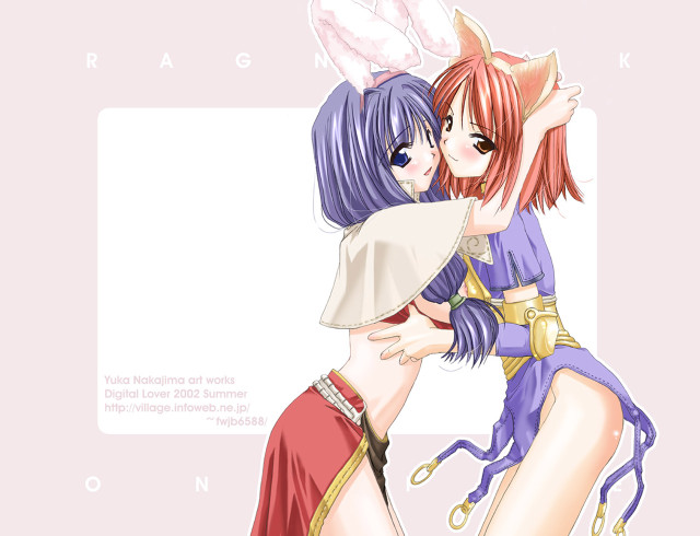 Anime girls hugging furry cat free wallpaper for desktop - medium preview image
