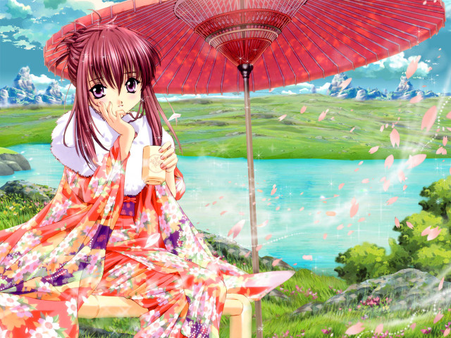 Woman bench umbrella flower lake free wallpaper for desktop - medium preview image