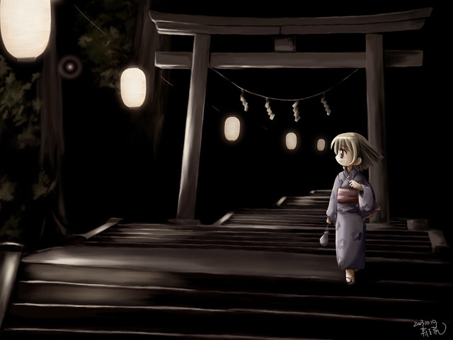 Woman lanterns night kimono moon free wallpaper for desktop - medium preview image