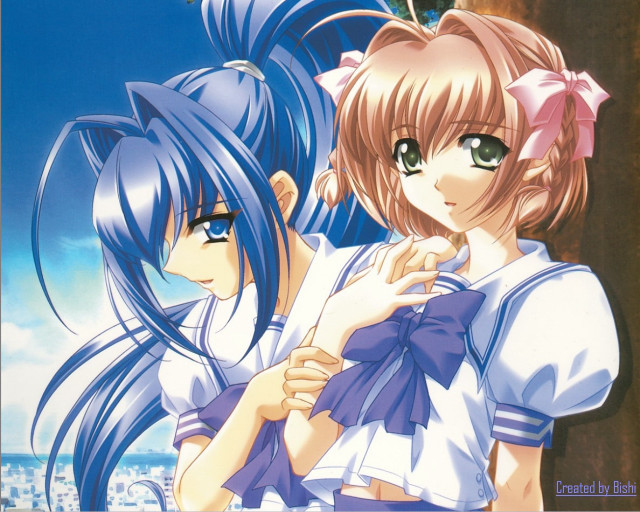 Anime girls cityscape blue eyes free wallpaper for desktop - medium preview image