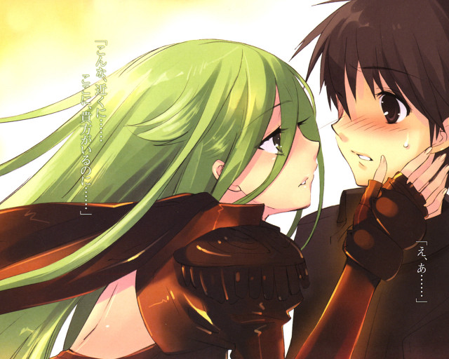 Green hair kissing brown jacket free wallpaper for desktop - medium preview image