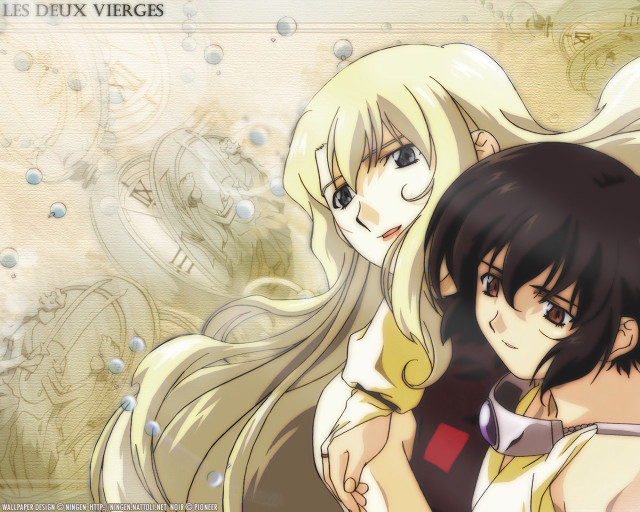 Anime hugging girls bubbles beige free wallpaper for desktop - medium preview image