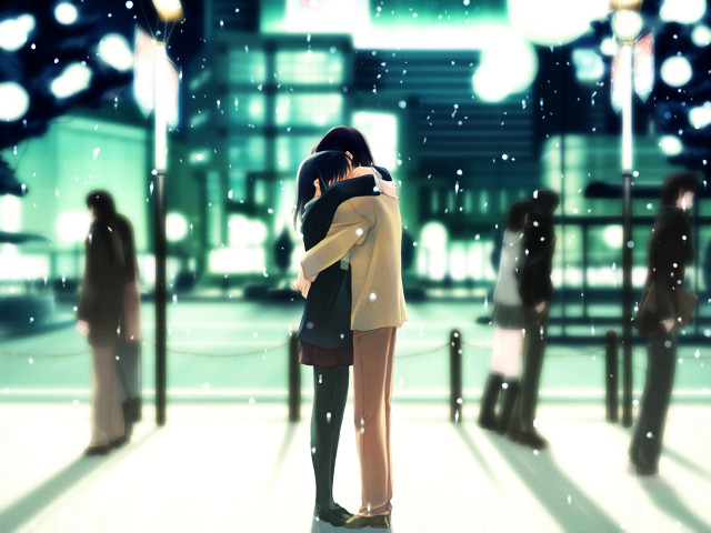 Romantic snowy night anime couple free wallpaper for desktop - medium preview image