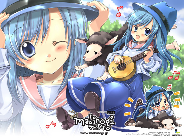 Blue hair guitar sheep anime free wallpaper for desktop - medium preview image