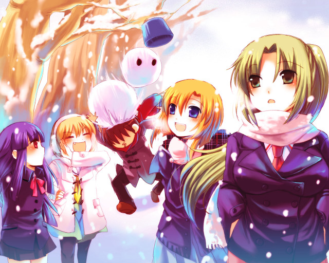 Anime girls snowman winter coat free wallpaper for desktop - medium preview image