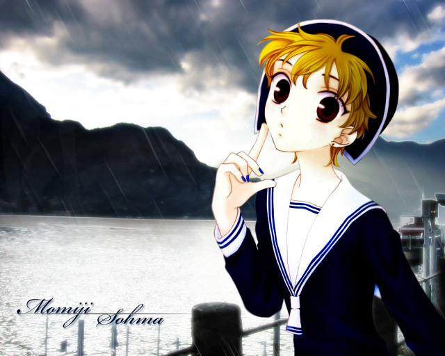 Anime rainy waterfront boat mountain free wallpaper for desktop - medium preview image