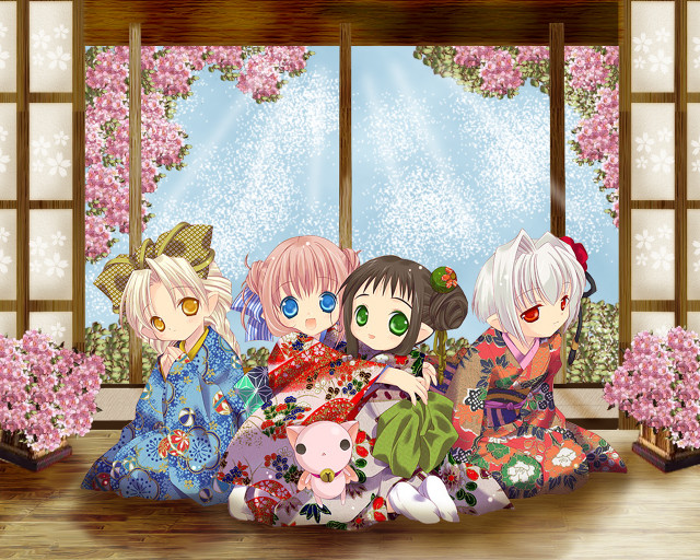 Anime girls kimono flower window free wallpaper for desktop - medium preview image