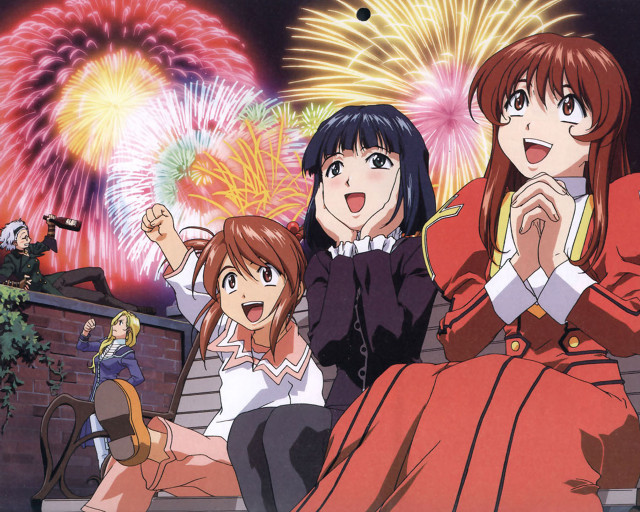 Fireworks girls bench reddress night free wallpaper for desktop - medium preview image