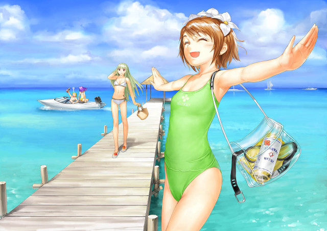 Woman green swimsuit dock beer free wallpaper for desktop - medium preview image
