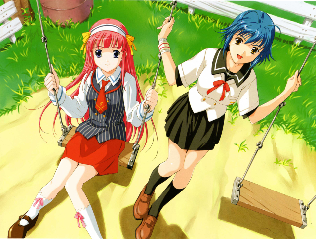 Anime girls sitting swings park free wallpaper for desktop - medium preview image