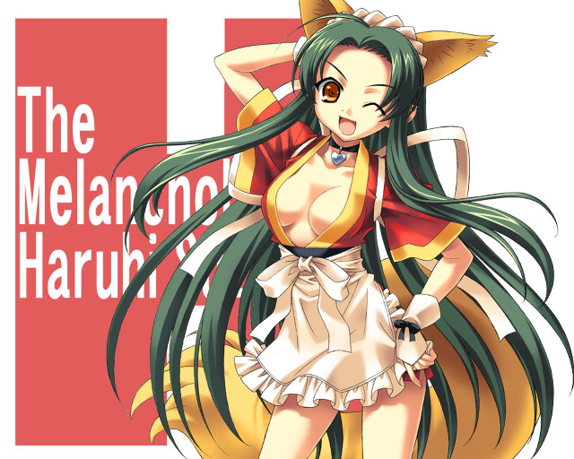 Green hair cat ears waitress free wallpaper for desktop - medium preview image