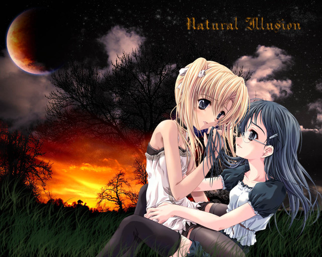 Anime girls fullmoon fireworks night free wallpaper for desktop - medium preview image