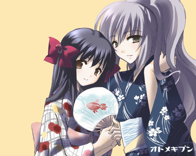 Two girls fishbowl fan yellow free wallpaper for desktop - medium preview image