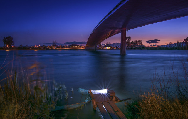 Boat bridge night sunlight reflection free wallpaper for desktop - medium preview image