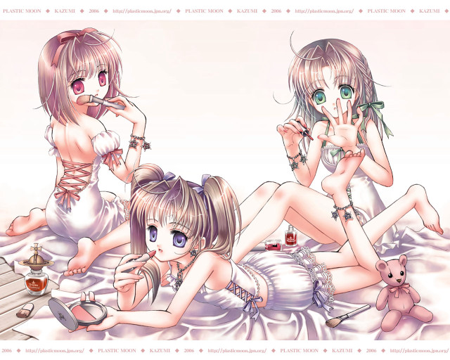 Three anime girls teddy bear free wallpaper for desktop - medium preview image