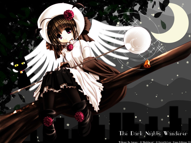 Girl whitehat angelwings blackcat moon free wallpaper for desktop - medium preview image