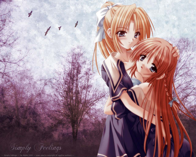 Anime girls hug moon bats free wallpaper for desktop - medium preview image