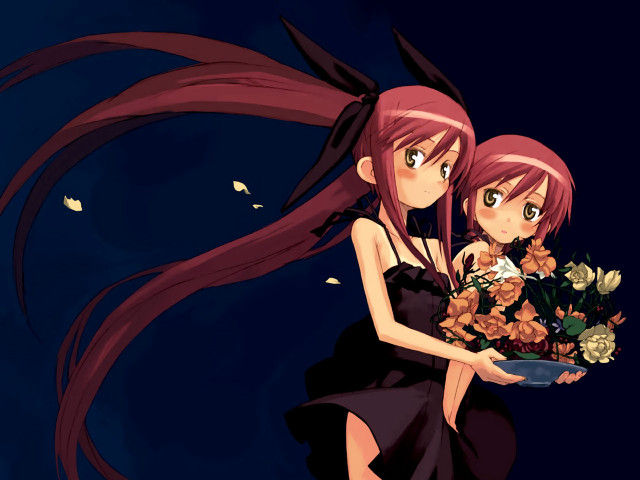 Anime girls flower bouquet dark free wallpaper for desktop - medium preview image