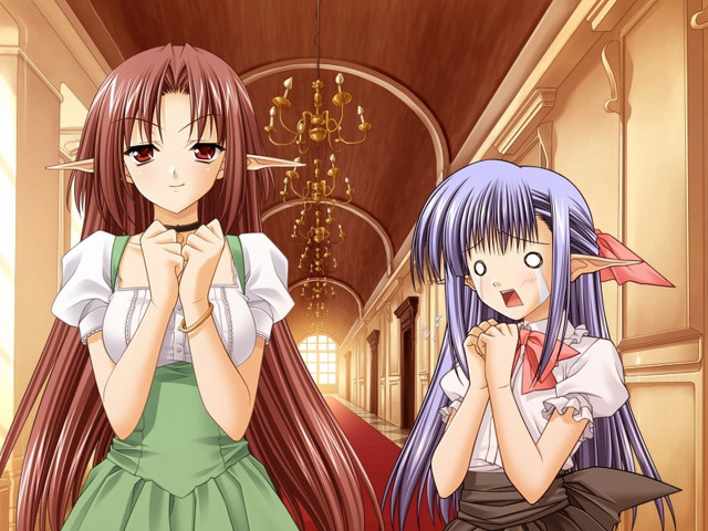 Two anime girls hallway green free wallpaper for desktop - medium preview image