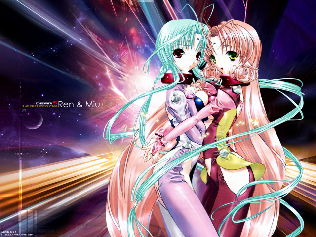 Anime girls hug starburst space free wallpaper for desktop - medium preview image