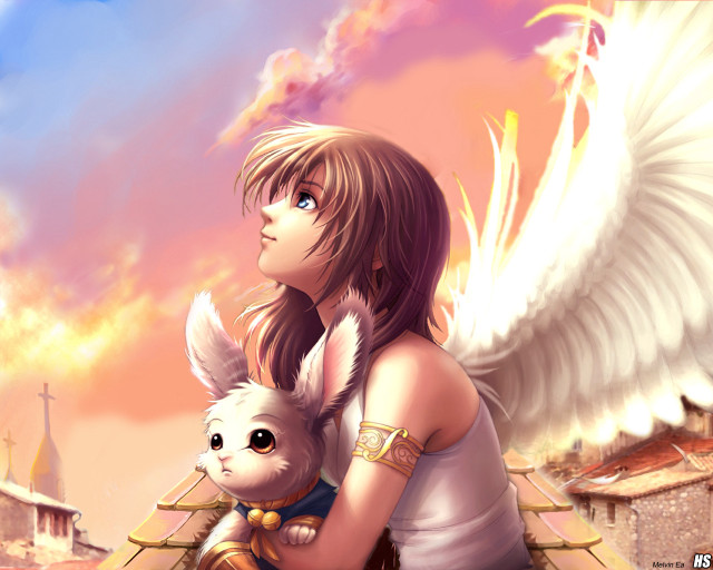 Angel woman white dog cityscape free wallpaper for desktop - medium preview image