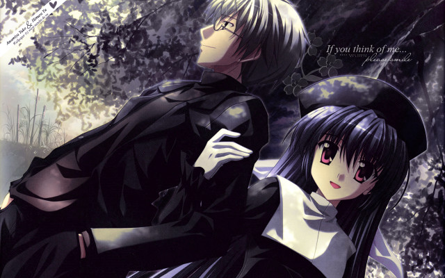 Anime couple forest trees leaves free wallpaper for desktop - medium preview image