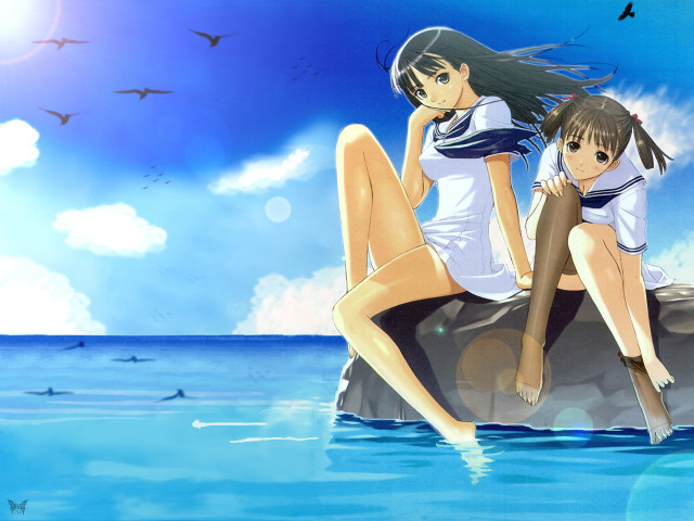 Anime girls rocks water bird free wallpaper for desktop - medium preview image