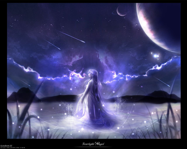 Night sky woman lake stars free wallpaper for desktop - medium preview image