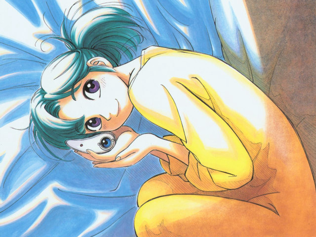 Green haired woman holding white free wallpaper for desktop - medium preview image