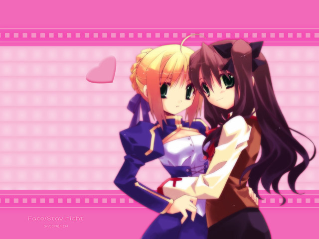 Two anime girls hugging pink free wallpaper for desktop - medium preview image