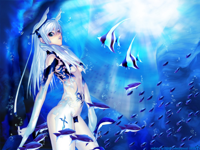 Woman blue underwater fish sword free wallpaper for desktop - medium preview image