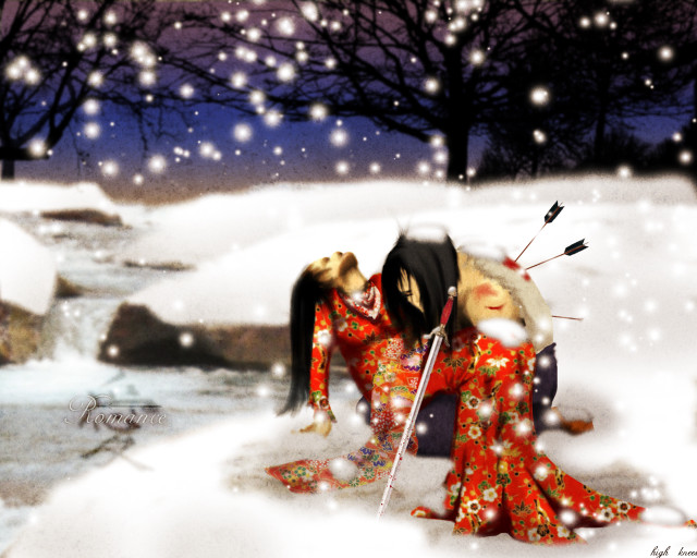 Couple kissing snow aurora christmas free wallpaper for desktop - medium preview image