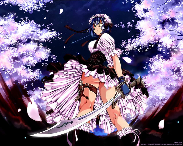 Woman dress sword cherryblossoms night free wallpaper for desktop - medium preview image