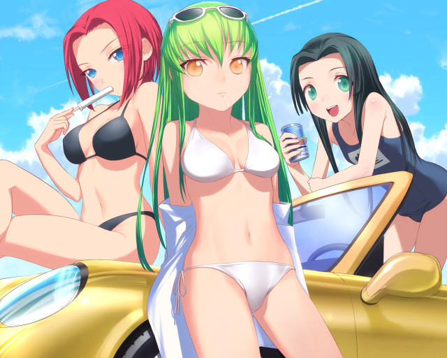 Three women bikinis car cigarette free wallpaper for desktop - medium preview image