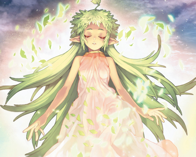 Green hair elf dress clouds free wallpaper for desktop - medium preview image