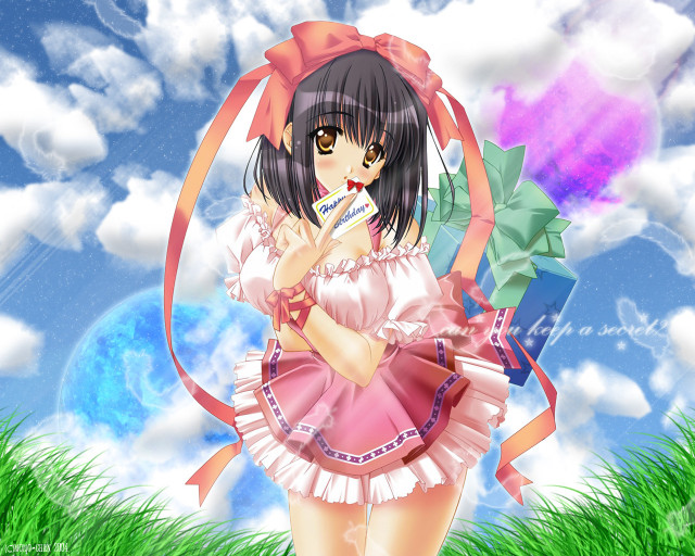 Girl pink dress umbrella field free wallpaper for desktop - medium preview image