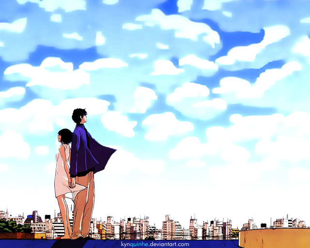 Rooftop couple city skyline manga free wallpaper for desktop - medium preview image
