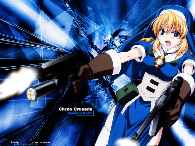 Anime girl gun blue background free wallpaper for desktop - medium preview image