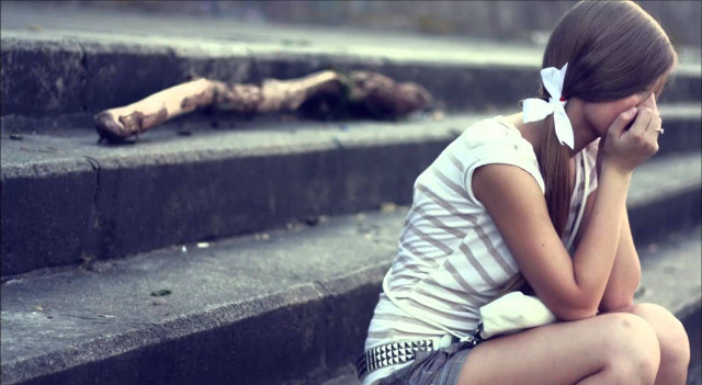 Girl sitting steps hand face free wallpaper for desktop - medium preview image