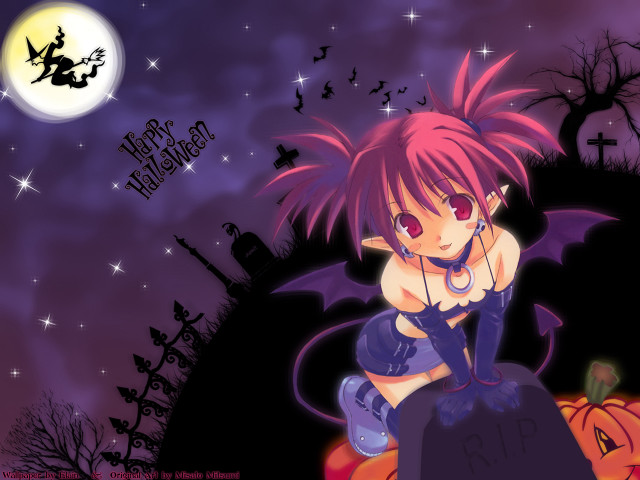 Demon girl pumpkin bat moon free wallpaper for desktop - medium preview image
