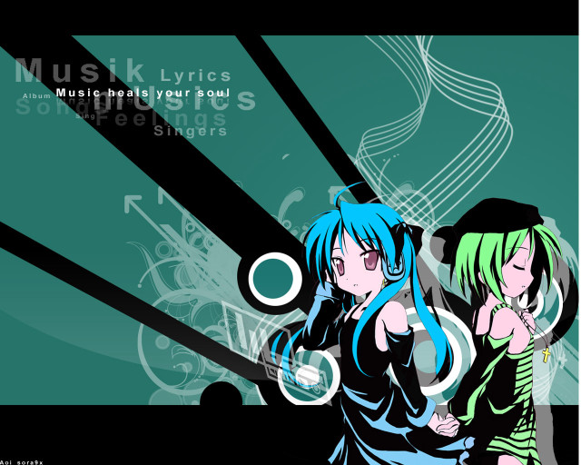 Two anime girls blue green free wallpaper for desktop - medium preview image