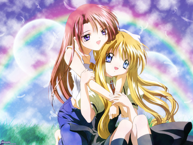 Two anime girls rainbow outdoors free wallpaper for desktop - medium preview image