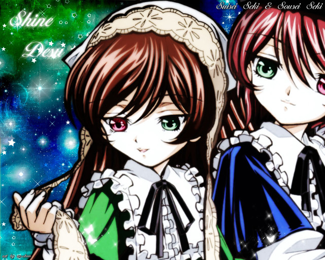 Anime girls green eyes starry free wallpaper for desktop - medium preview image