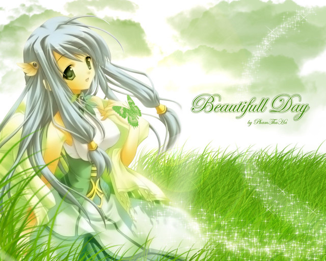 Girl green dress field clover free wallpaper for desktop - medium preview image