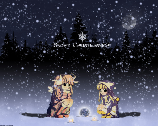 Anime snowman fullmoon aurora deer free wallpaper for desktop - medium preview image