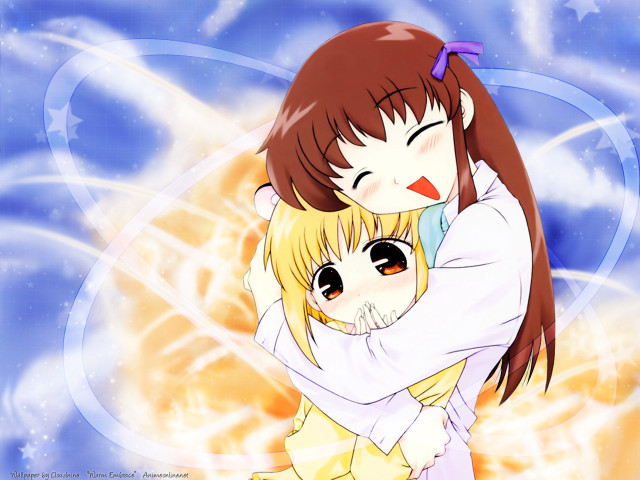 Anime girls hug blue starry free wallpaper for desktop - medium preview image