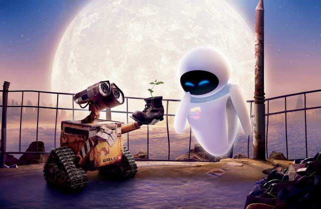 Robot holding plant full moon free wallpaper for desktop - medium preview image