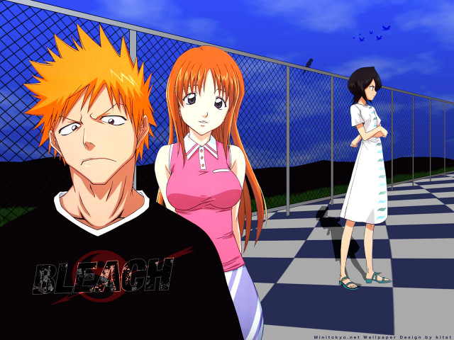 Anime characters checkered floor fence free wallpaper for desktop - medium preview image