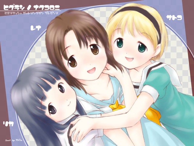 Girls hugging blue checkered illustration free wallpaper for desktop - medium preview image
